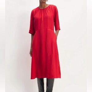 Everlane the city stripe ruched dress Elegant Red Midi women’s size 4 VGUC